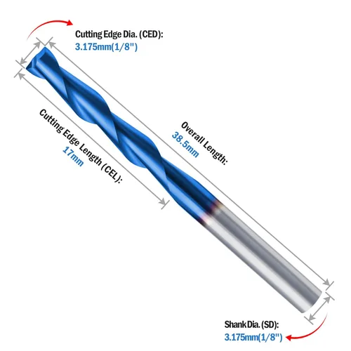 Miniatura 2 de HQMaster 10 piezas 1/8" 17 mm – Mechas de carburo de punta plana – Brocas para fresadora de CNC – Set de herramientas de doble ranura en espiral
