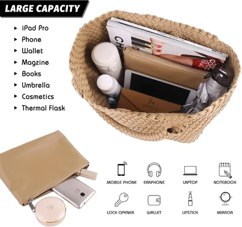 Miniatura 3 de Vipost Bolsa de mano tejida para mujer, bolsa de playa grande de cuero vegano con bolso, bolso de viaje con asa superior, bolsas de hombro tejidas