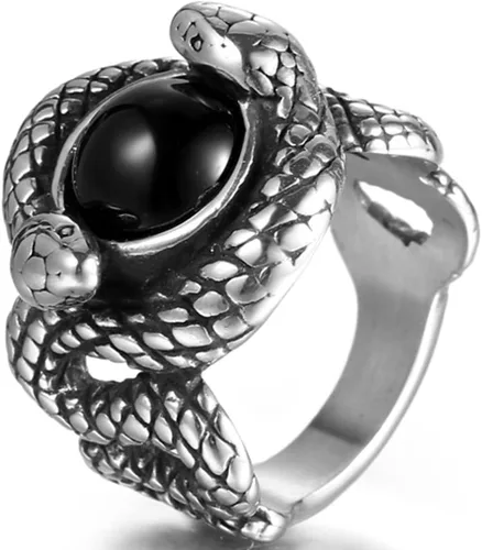 Anillo de motociclista de doble serpientes de acero inoxidable vintage retro creado con piedra de ónix negro