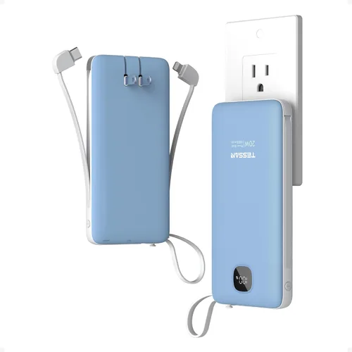 Miniatura 9 de Cargador portátil con cables integrados, cargador de batería TESSAN de 10000 mAh de carga rápida con cargador de pared plegable, paquete de batería