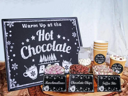 FaCraft Kit de Barra de Chocolate Caliente con Cartel Señal y Soporte, Etiquetas, Tarjetas de Mesa, Suministros de Favores de Fiesta de Navidad de