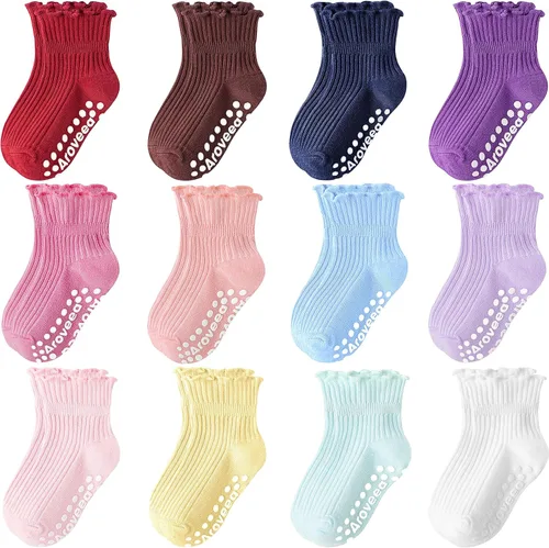 Miniatura 17 de Calcetines con Agarre Antideslizantes de Algodón para Bebés y Niños Pequeños, Niños y Niñas, Paquete de 12 Calcetines de Tobillo Lindos para Niños