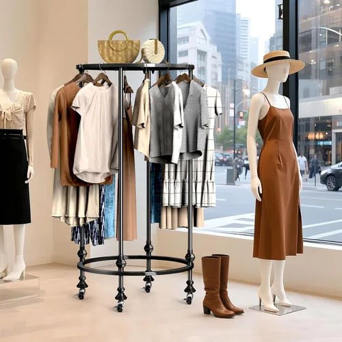Miniatura 7 de Perchero redondo con ruedas, estante de ropa multiusos de doble espacio independiente con ruedas y parte superior, organizador de ropa comercial