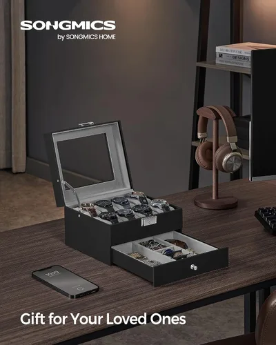 Miniatura 17 de SONGMICS UJWB012 - Caja de reloj de 12 ranuras, caja de reloj con cerradura con tapa de vidrio, 2 capas, con 1 cajón para anillos, pulseras, idea