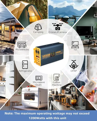 Miniatura 6 de Inversor de Potencia de Onda Sinusoidal Pura de 1200 Vatios DC 12V a 110V AC Convertidor con Dos Salidas de CA, Puertos USB de Carga Rápida