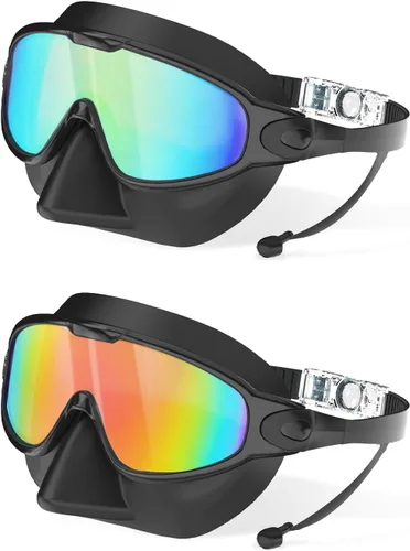 Miniatura 10 de Gafas de natación para adultos con cubierta de nariz para hombres y mujeres, paquete de 2 gafas de natación de visión amplia, antivaho, UV, sin