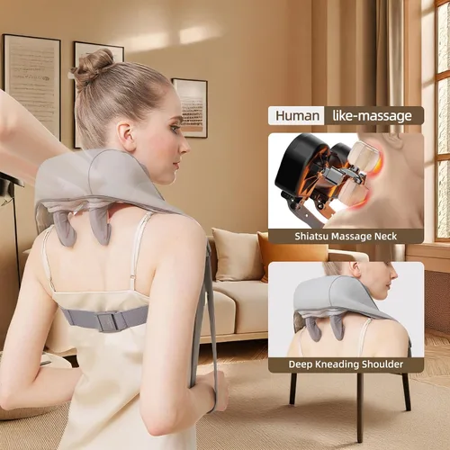 Miniatura 2 de Masajeador Shiatsu inalámbrico de cuello y hombros con calor - Masaje de amasamiento 6D, alivio del dolor de tejido profundo para trapecio, Gris