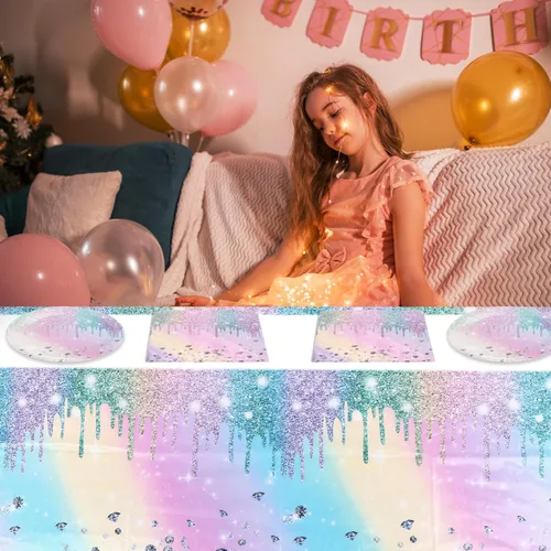 Miniatura 6 de Suministros de decoración de fiesta de cumpleaños con diamantes iridescentes, juego de vajilla de papel holográfico desechable incluye 20 platos, 20