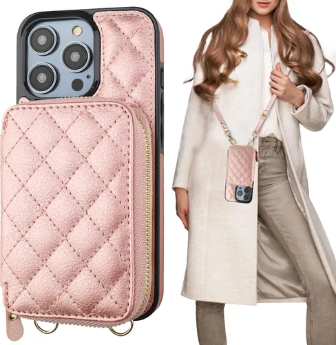 Miniatura 13 de Bocasal Funda tipo cartera cruzada para iPhone 14 Pro, bloqueo RFID, de piel sintética, con cremallera, funda tipo cartera con función atril y Gris