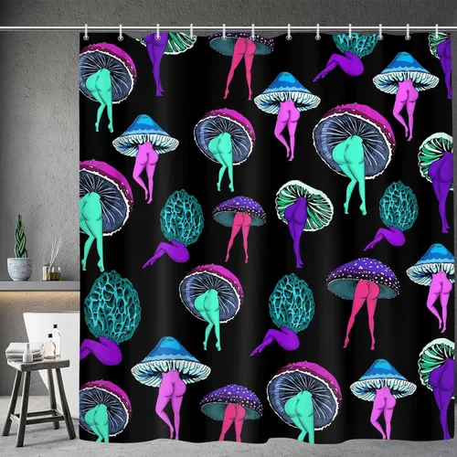Miniatura 2 de Divertida cortina de ducha de hongos psicodélicos hippie, decoración de baño, lindo tatuaje de trasero, vegetariano, botánico, vegano, hongo