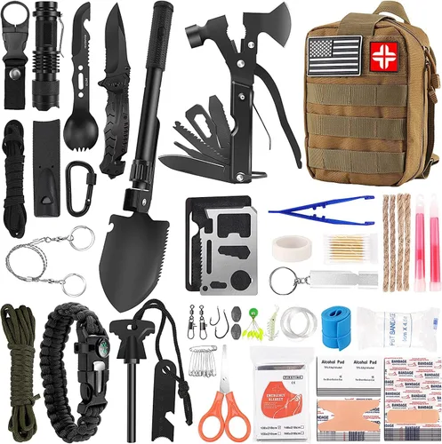 Kit de supervivencia y de primeros auxilios, equipo de supervivencia profesional con bolsa de transporte para hombre, padre, esposo que gusten Caqui
