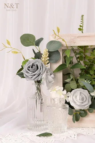 Miniatura 387 de N&T NIETING Flores artificiales, rosas artificiales de color rosa intenso, 50 piezas de flores falsas con tallo para ramos de boda DIY, centros