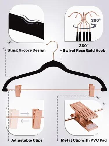 Miniatura 3 de HOUSE DAY Perchas de Terciopelo para Pantalones con Clips Paquete de 24, Perchas de Falda de Terciopelo Ultra Delgadas Antideslizantes con Ganchos
