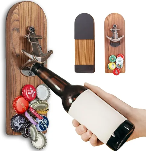 Abrebotellas de cerveza montado en la pared con receptor de tapa magnética, abrebotellas magnético de madera para refrigerador, regalos de cerveza