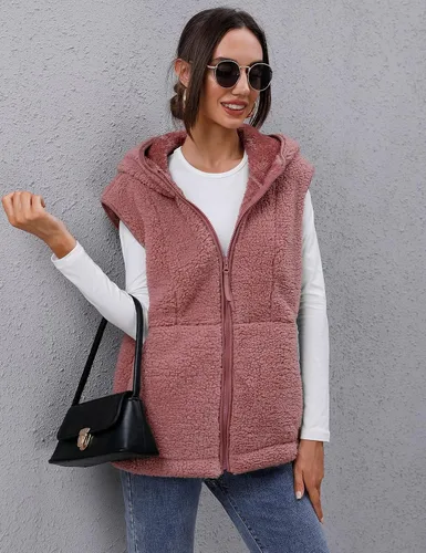Miniatura 4 de TFSDOD Chaleco de forro polar sherpa para mujer, acogedor, sin mangas, con bolsillo, chaleco con capucha y cremallera para mujer