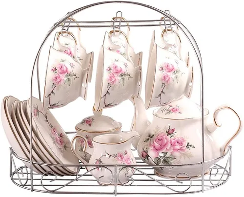 Juego de tazas de café europeas de China de 15 piezas, juego de tazas de té de porcelana de cerámica con soporte de metal, juegos de regalo de té,