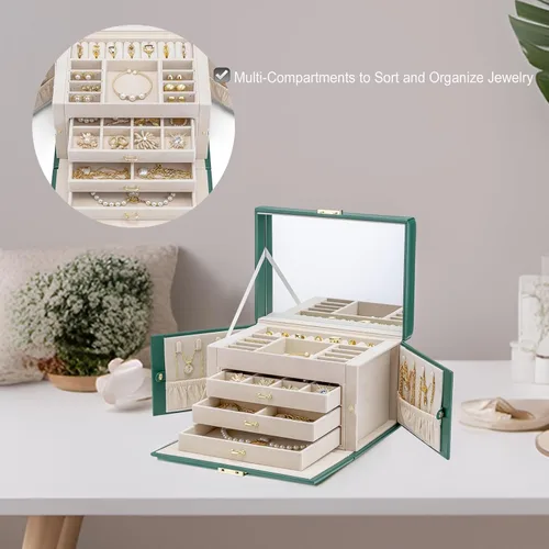 Miniatura 3 de Vlando Joyero organizador con llave con llave, bandeja de 3 cajones para joyas, collares, aretes, anillos, soporte, exhibición de almacenamiento