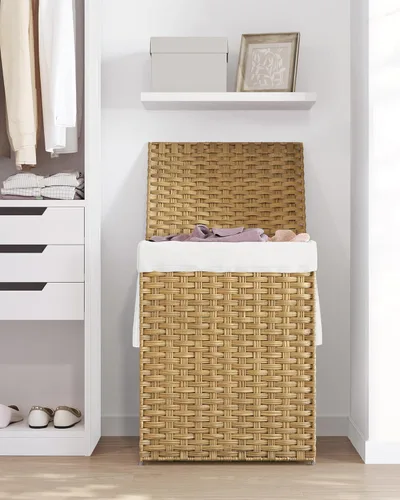 Miniatura 9 de SONGMICS Canasta de lavandería con tapa, cesto de ropa de 23.8 galones (90 L) de ratán sintético con tapa y asas, plegable, forro extraíble