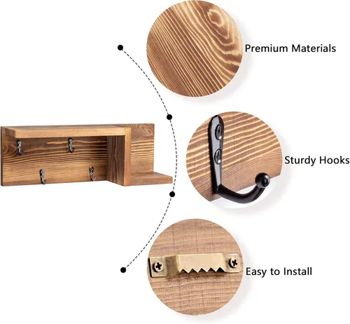 Miniatura 6 de AKKO Soporte de madera para llaves decorativo de pared, organizador de correo y llaves con 4 ganchos para llaves y estante flotante en forma de "Z