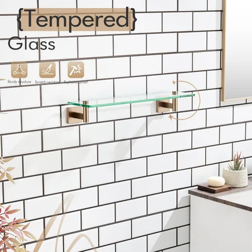 Miniatura 5 de KOKOSIRI Estantes de pared para baño, estante flotante de vidrio templado, estante colgante para almacenamiento/decoración de habitación, 20 Bronce