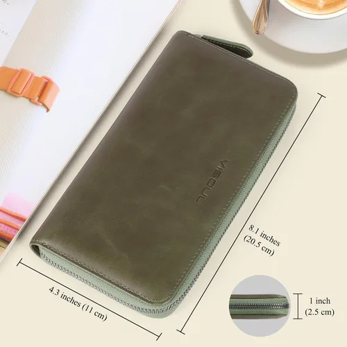 Miniatura 70 de VISOUL Cartera larga de cuero con cremallera para hombres y mujeres con bloqueo RFID, cartera larga de embrague grande con cremallera, Negro