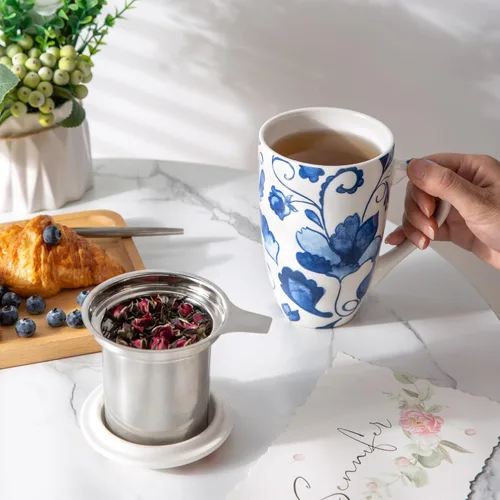 Miniatura 7 de GBHOME Taza de té con infusor y tapa, taza grande de cerámica de hoja suelta de 18 onzas, apta para microondas, apta para lavavajillas, perfecta