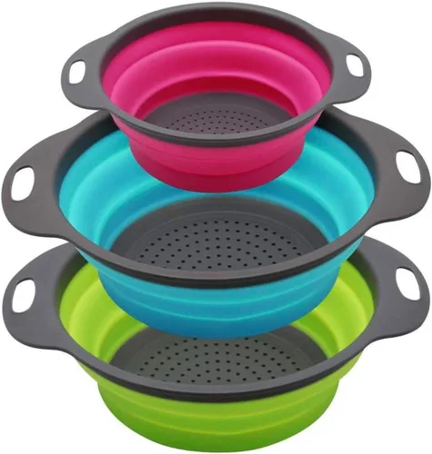 Nuevo y mejorado - Juego de 3 Coladores de Cocina Ultimate Niklye: 1×10” & 2×12” Coladores de Silicona Plegables. Ahora más duraderos y robustos
