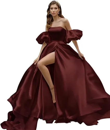 Miniatura 4 de Fanciest Vestidos de fiesta de satén de manga hinchada 2024 con abertura, vestidos largos de baile para mujer, vestidos de noche formales