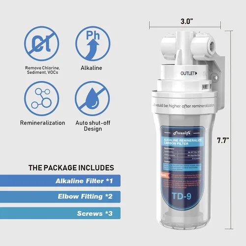 Miniatura 7 de Frizzlife Filtro de agua alcalino TD-9 para debajo del fregadero, filtro de poste de giro rápido para sistema de ósmosis inversa RO, reduce