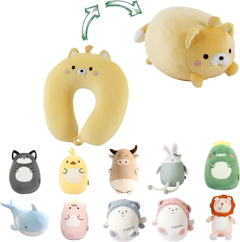 Almohada de viaje para niños, almohada de cuello deformable 2 en 1 para niños, almohada suave en forma de U con adorable diseño de animales, cómodo