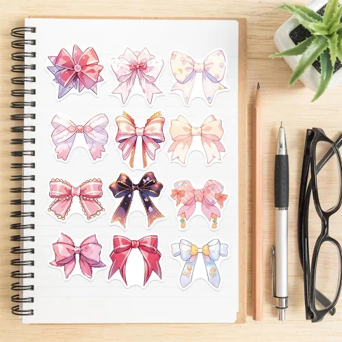 Miniatura 5 de Calcomanías estéticas de lazos para niñas, 50 calcomanías vintage de anime con nudo de lazo, vinilo impermeable con lazos rosas para botella