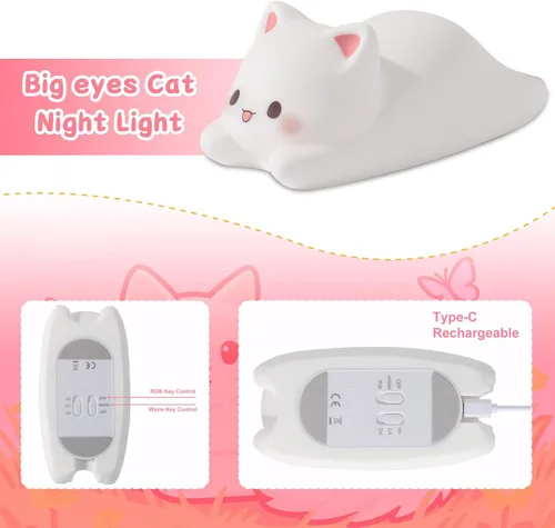 Miniatura 3 de ZKLiLi Luz nocturna para niños, lámpara de gato de 16 colores, linda lámpara, luces nocturnas regulables para bebé para guardería, luz nocturna
