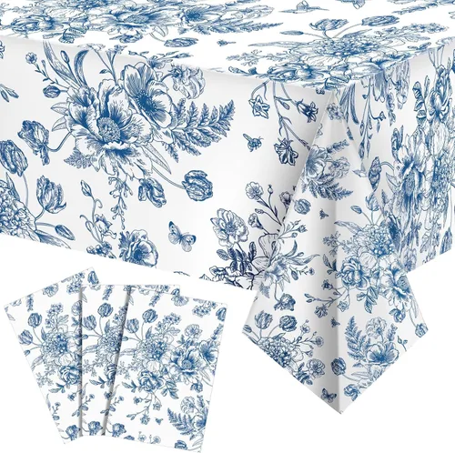 Miniatura 9 de Tiamon 1 mantel de plástico floral azul de 54 x 108 pulgadas, mantel rectangular vintage desechable con flores azules azul marino y blanco