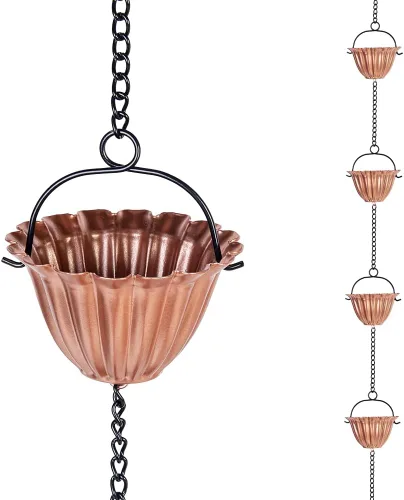 Miniatura 10 de Cadena de lluvia cuadrada, cadenas negras para canalones de 10 pies con 12 copas, cadena captadora de lluvia ajustable con campana para drenaje