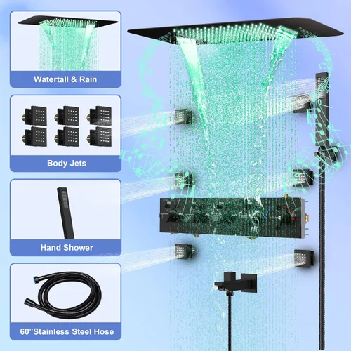Miniatura 3 de Sistema termostático de ducha de lluvia, sistema de ducha inteligente LED de 23 pulgadas con chorros corporales y de mano, sistema de ducha