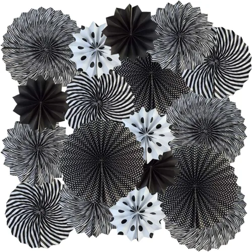 Juego de 18 abanicos de papel para colgar en fiestas, color blanco y negro, con patrón decorativo, plegable, para Halloween, cumpleaños, boda,