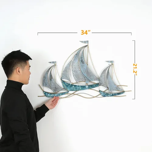 Miniatura 5 de AUQMTAIN Decoración de pared de barco náutico de 34 pulgadas, esculturas de pared de barco náutico 3D, velero costero hecho a mano para el hogar