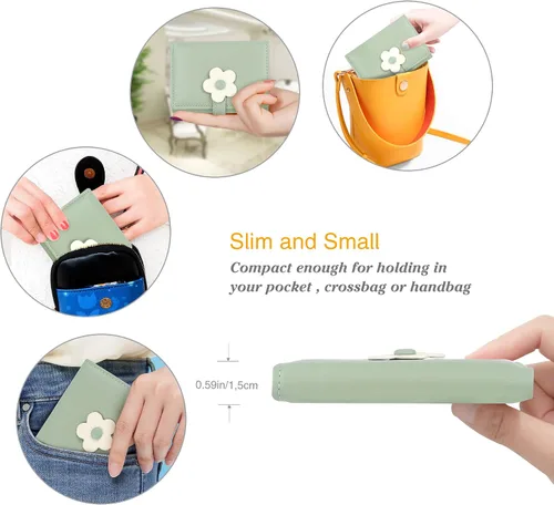 Miniatura 17 de CONISY Lindas carteras para mujer, de cuero con bloqueo RFID, pequeña cartera triple con ventana de identificación para niñas y mujeres