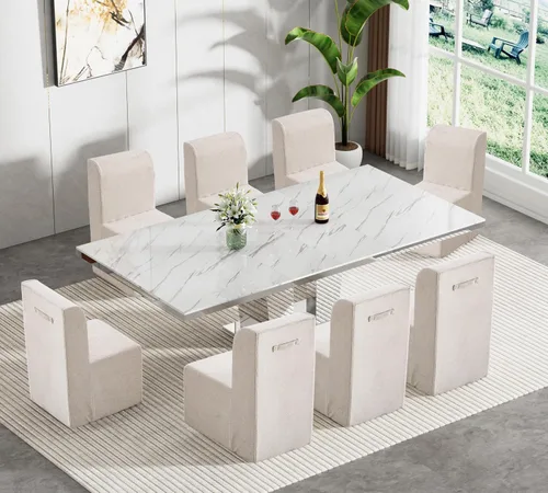Miniatura 14 de Juego de mesa de comedor extensible marrón de 9 piezas para 8, 63 a 78.74 pulgadas, juego de mesa de cocina y comedor, mesa de comedor extensible