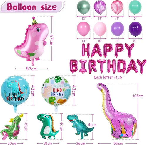 Miniatura 4 de 150 piezas de suministros de fiesta de cumpleaños de dinosaurios para niñas (sirve 12), decoraciones de fiesta de dinosaurio rosa, 50 globos