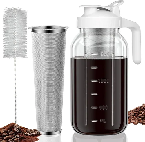 JunVpic Tarro para cafetera fría – Tapa multiusos de vidrio grueso de 64 onzas con asa y filtro de acero inoxidable para café helado, limonada, té
