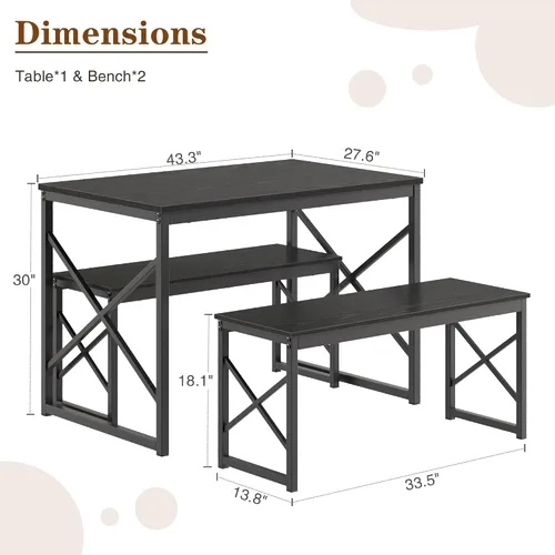 Miniatura 8 de VECELO Juego de mesa de comedor de cocina de 43.3 pulgadas para 4, marco de acero resistente y mesa de grano de madera, juegos de comedor que