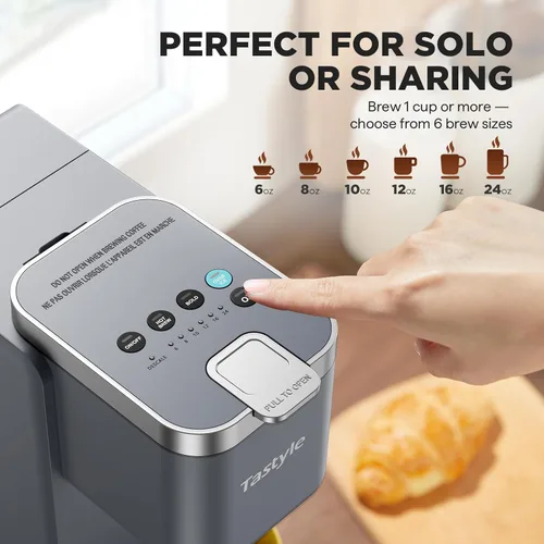 Miniatura 5 de Tastyle Cafetera de una sola porción, máquina de café helado y caliente para cápsulas K y molidos, diseño compacto, depósito de agua extraíble de 40