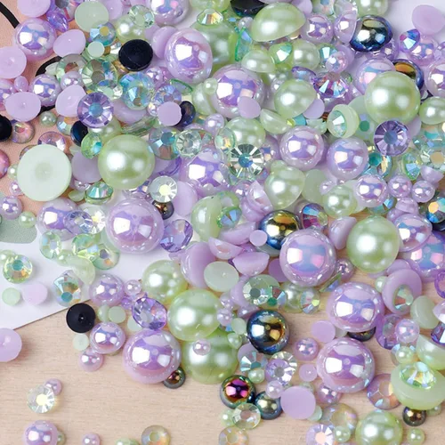 Miniatura 5 de Perlas planas y diamantes de imitación de 2.12 oz, 2200 unidades de diamantes de imitación de resina de color AB de tamaño mixto de 3 a 0.394 in
