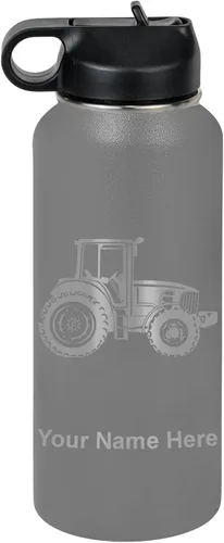 Miniatura 55 de LaserGram Botella de agua personalizada, tractor agrícola, acero inoxidable de doble pared aislada al vacío con popote superior, regalo grabado