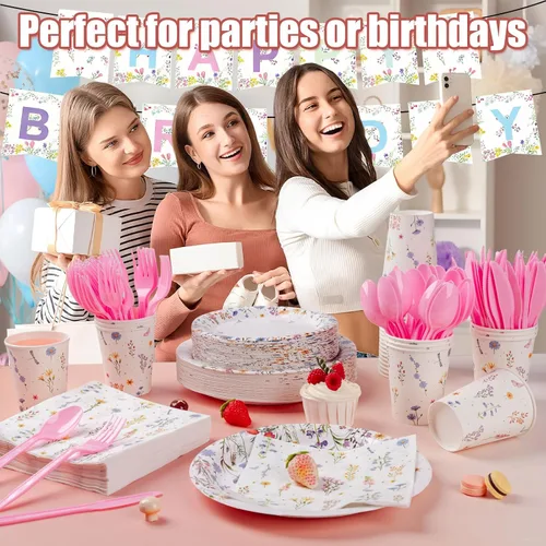 Miniatura 6 de 353 piezas de decoraciones de fiesta de flores silvestres para 50 invitados, juegos de platos y servilletas florales de primavera, suministros que