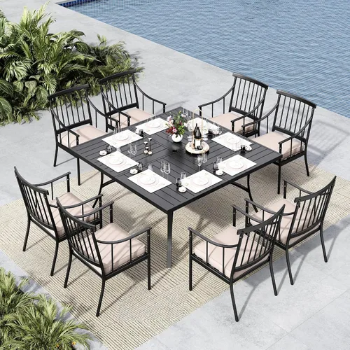 Miniatura 16 de MFSTUDIO Juego de comedor de 5 piezas de metal para patio, juego de muebles para exteriores con 1 mesa cuadrada de madera y 6 sillas de respaldo