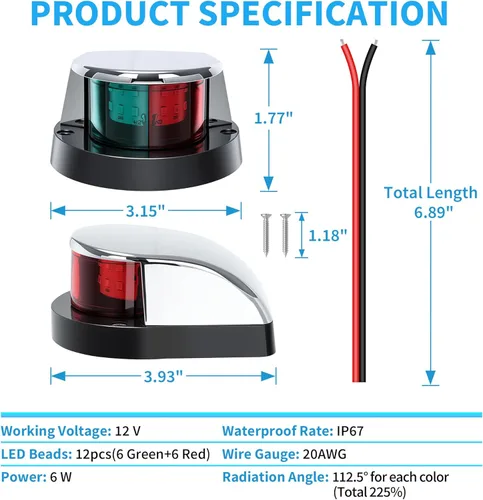 Miniatura 8 de Obcursco luces de navegación para barco, luces LED marinas rojas y verdes para la proa, IP67 impermeable, resistente a la oxidación, ideal