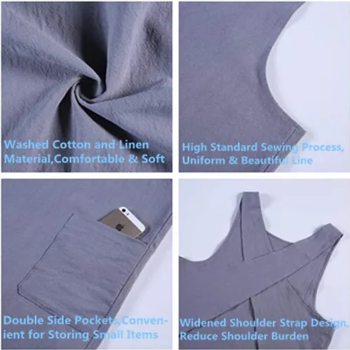 Miniatura 8 de Delantal de estilo japonés de algodón y lino suave con dos bolsillos laterales, delantal cruzado en X, ropa de cocina para regalo para mujeres