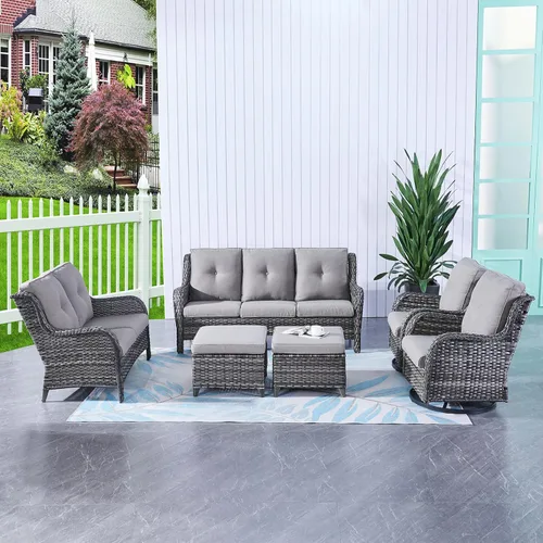 Miniatura 128 de HUMMUH Sillas Mecedoras Giratorias de Mimbre para Patio Exterior con Respaldo Alto, Sillas Deslizantes de Ratán PE, Juego de Muebles de Patio de 4